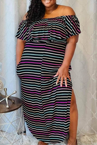 Black Fashion Sexy Plus Size Striped Print Backless Off the Shoulder Short Sleeve Dress