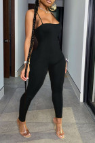 Negro Sexy ropa deportiva de parches lisos sin espalda tirantes finos monos ajustados
