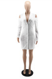 ホワイト ファッション カジュアル ソリッド 中空パッチワーク V ネック ペンシル スカート ドレス