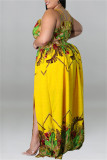 Желтое модное сексуальное длинное платье больших размеров с принтом и разрезом на спине, длинное платье на тонких бретелях