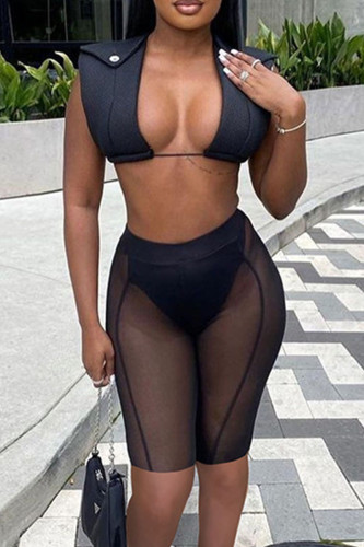 Black Sexy Solid Bandage Patchwork See-through Asymmetrical Sleeveless Two Pieces