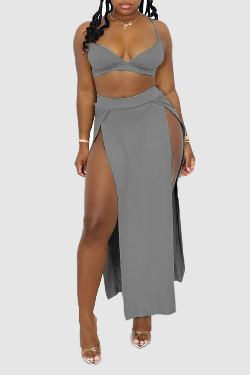 

Grey Fashion Sexy Solid Backless Slit Spaghetti Strap Sleeveless Two Pieces