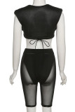 Coffee Sexy Solid Bandage Patchwork See-through Asymmetrical Sleeveless Two Pieces