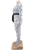 White Fashion Casual Print Patchwork With Belt V Neck Plus Size Jumpsuits