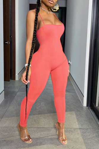 Watermelon Red Sexy Sportswear Solid Patchwork Backless Spaghetti Strap Skinny Jumpsuits