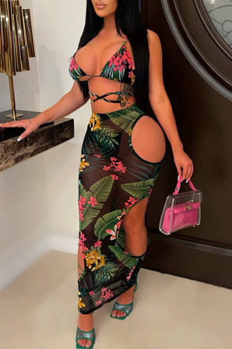 Black Sexy Print Bandage Hollowed Out Patchwork Swimwears