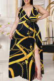 Желтое модное сексуальное платье большого размера с принтом без спинки и разрезом с V-образным вырезом