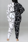 Monos patchwork con estampado informal de moda con cinturón cuello en V tallas grandes blanco