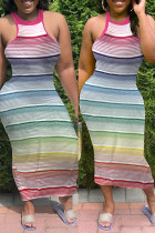 Robes de robe sans manches à col rond et à rayures sexy à la mode multicolore