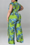 Verde moda casual estampa com cinto decote em v plus size duas peças
