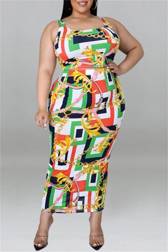 Red Fashion Casual Print Basic U Neck Plus Size Dresses