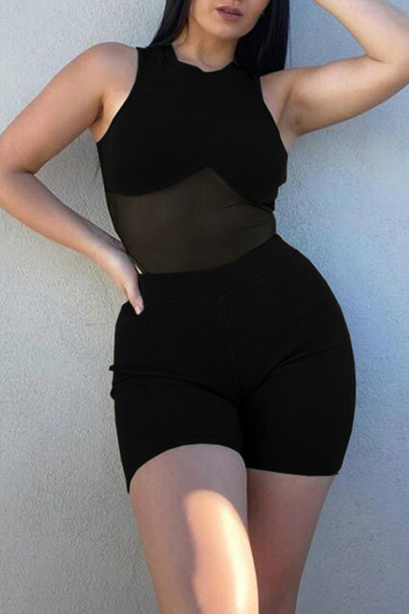 

Black Fashion Casual Solid Split Joint O Neck Sleeveless Two Pieces