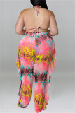 Jaune Fashion Sexy Print Bandage Backless Halter Plus Size Two Pieces