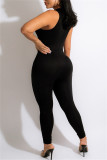 Black Fashion Casual Solid Basic O Neck Skinny Jumpsuits