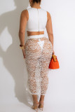 White Sexy Solid Hollowed Out Patchwork See-through Spaghetti Strap Sleeveless Two Pieces