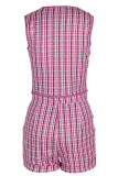 Purple Sexy Plaid Print Patchwork Buckle O Neck Sleeveless Two Pieces