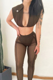 Coffee Sexy Solid Patchwork Pocket See-through Sleeveless Two Pieces