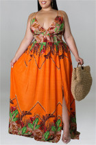 オレンジ ファッション セクシー プラス サイズ プリント バックレス スリット スパゲッティ ストラップ ロング ドレス