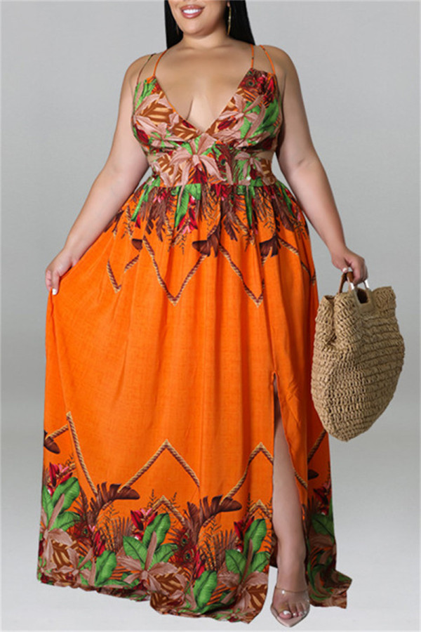 Оранжевое модное сексуальное длинное платье больших размеров с принтом на спине и разрезом на тонких бретелях