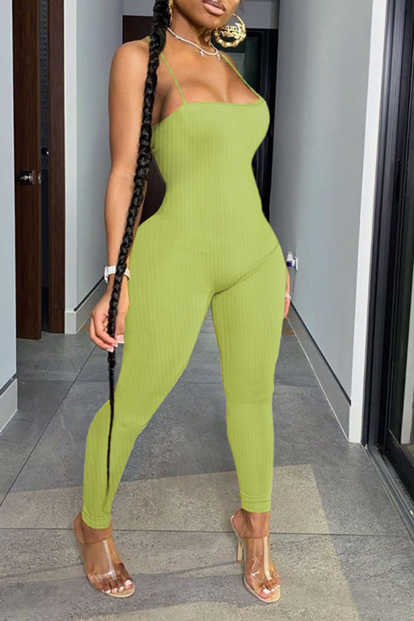 Verde mostarda sexy roupas esportivas sólido retalhos sem costas cinta de espaguete macacões magros