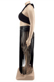 Black Fashion Sexy Solid Tassel Backless Halter Plus Size Two Pieces