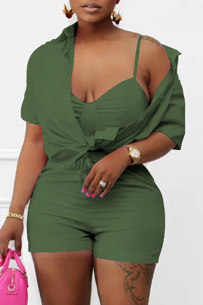 

Green Fashion Casual Solid Basic Turndown Collar Short Sleeve Three-piece Set