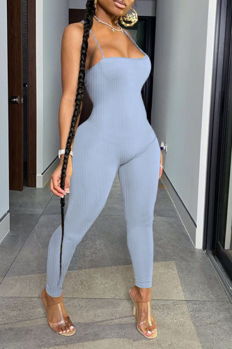 Light Blue Sexy Sportswear Solid Patchwork Backless Spaghetti Strap Skinny Jumpsuits