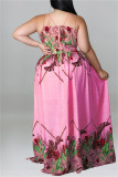 Розовое модное сексуальное длинное платье больших размеров с принтом на спине и разрезом на тонких бретелях