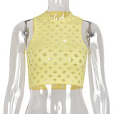 Amarillo Moda Sexy Sólido Rasgado Ahuecado O Cuello Tops