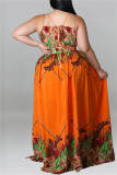 オレンジ ファッション セクシー プラス サイズ プリント バックレス スリット スパゲッティ ストラップ ロング ドレス