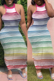 Multi-color Fashion Sexy Striped Print Basic O Neck Sleeveless Dress Dresses