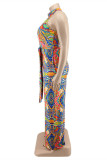 Blue Fashion Casual Print With Belt O Neck Plus Size Jumpsuits