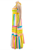 ライトイエローファッションカジュアルプラスサイズプリント包帯バックレススパゲッティストラップロングドレス