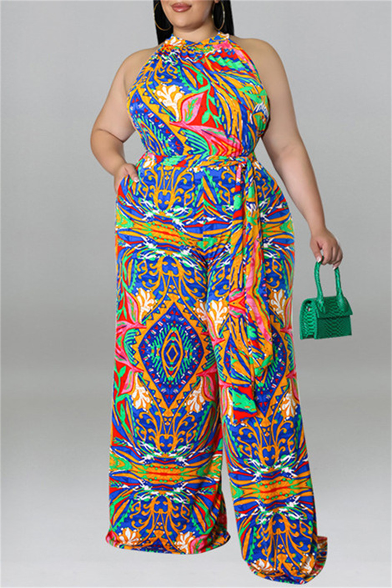 

Blue Fashion Casual Print With Belt O Neck Plus Size Jumpsuits