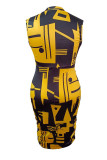 Yellow Street Print Patchwork O Neck One Step Skirt Plus Size Dresses