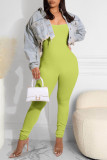Mustard Green Sexy Sportswear Solid Patchwork Backless Spaghetti Strap Skinny Jumpsuits