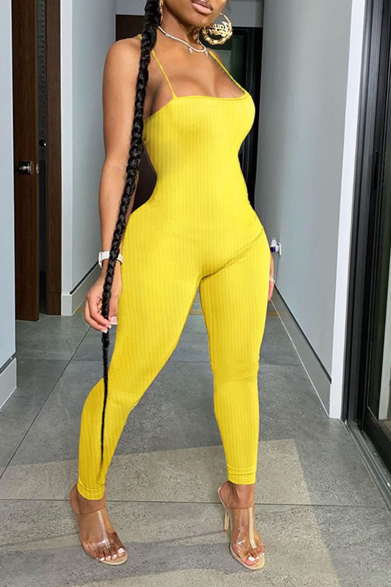 

Yellow Sexy Sportswear Solid Split Joint Backless Spaghetti Strap Skinny Jumpsuits