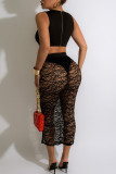 Black Sexy Solid Hollowed Out Patchwork See-through Spaghetti Strap Sleeveless Two Pieces