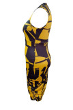 Gele straatprint patchwork O-hals eenstaps rok Grote maten jurken