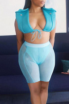 Blue Sexy Solid Bandage Patchwork See-through Asymmetrical Sleeveless Two Pieces