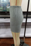 Grijze, modieuze, casual korte broek met hoge taille en print