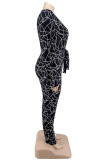White Fashion Casual Print Patchwork With Belt V Neck Plus Size Jumpsuits
