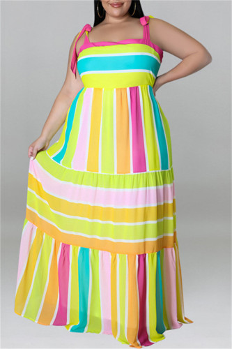 Light Yellow Fashion Casual Plus Size Print Bandage Backless Spaghetti Strap Long Dress