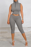 Grey Fashion Casual Solid Basic Turtleneck Sleeveless Two Pieces