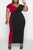 Red Casual Solid Patchwork Flounce V Neck Plus Size Dresses