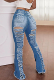 Jeans de mezclilla con corte de bota de cintura media rasgados sólidos sexy azul