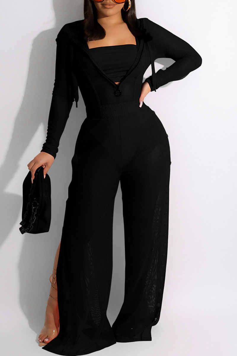 

Black Sexy Solid Split Joint See-through Hooded Collar Long Sleeve Three Pieces