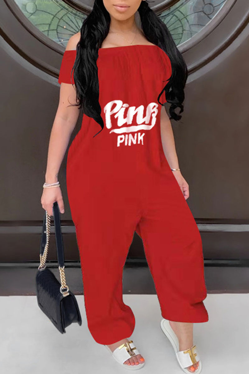 

Red Casual Print Split Joint Off the Shoulder Loose Jumpsuits