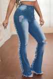 Azul Sexy Sólido Rasgado Cintura Média Corte Jeans Jeans