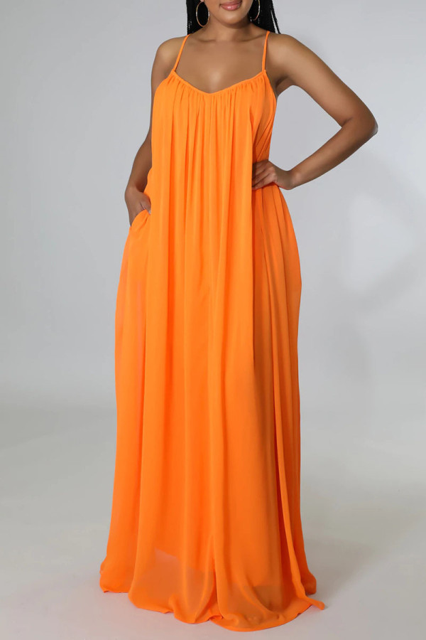 Mandarinenrotes, lässiges, solides Patchwork-Kleid mit rückenfreiem Spaghettiträger und Sling-Kleid